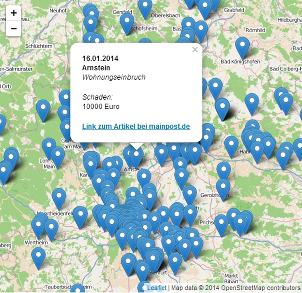 Datenjournalismus: Screenshot des Visualisierung der Einbrüche in Unterfranken